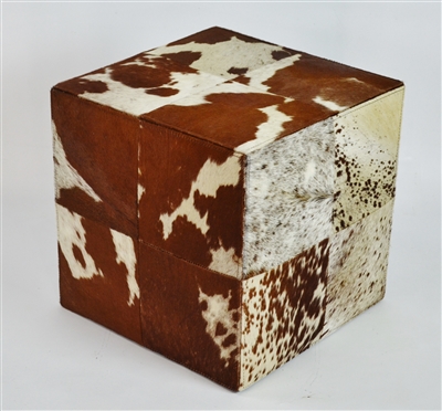 Rustic Brown and Cream Cowhide Ottoman Cube